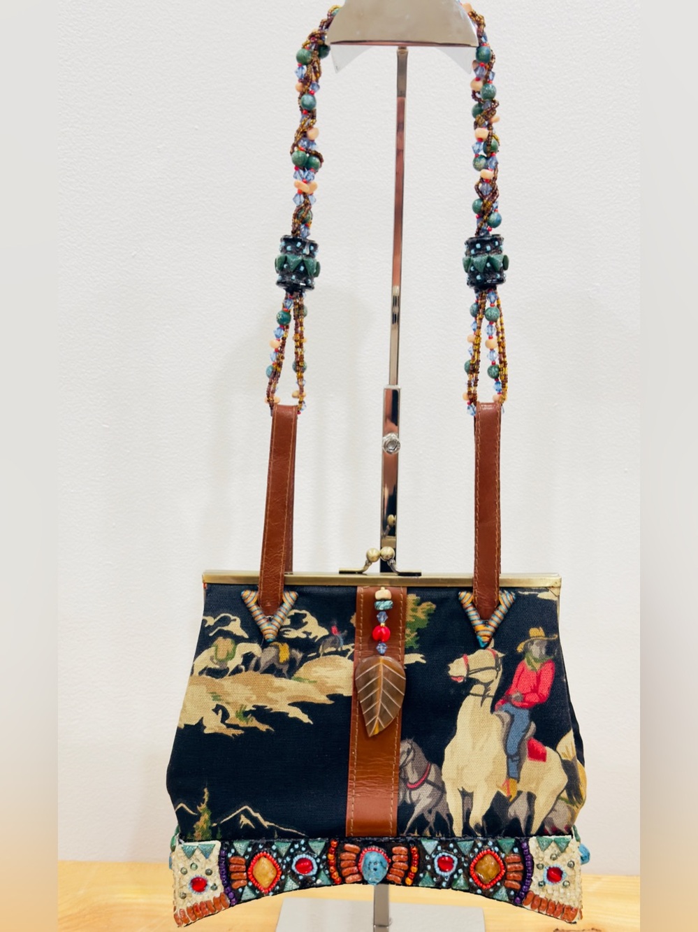 Vintage Mary Frances Western Cowboy Handbag Turquoise Beaded handles and bottom